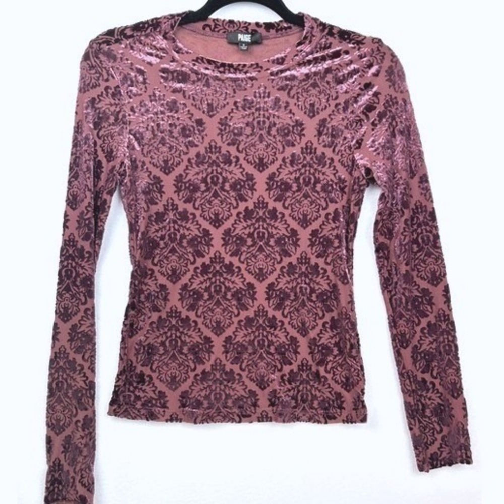 Paige Rose Tea Damask Burnout Velvet Long Sleeve Top Small